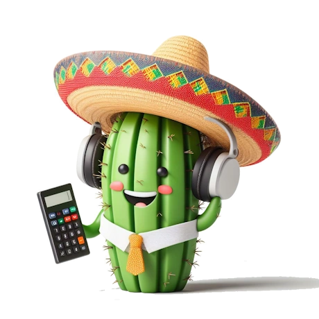 Cactus escuchando música, vestido de mejicano y divirtiéndose con una calculadora
