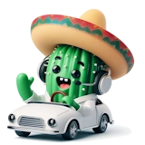 Cactus conduciendo coche rojo