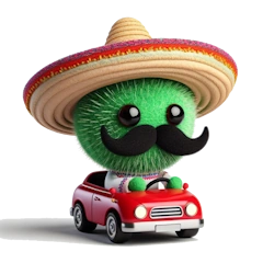 Cactus vestido de mejicano conduciendo un coche rojo