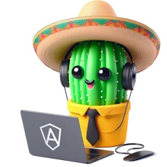 Cactus escuchando música, vestido de mejicano y con un ordenador, programando en angular