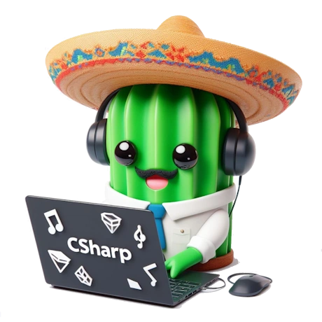 Cactus escuchando música, vestido de mejicano y con un ordenador, programando en csharp