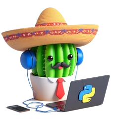 Cactus escuchando música, vestido de mejicano y con un ordenador, programando en python