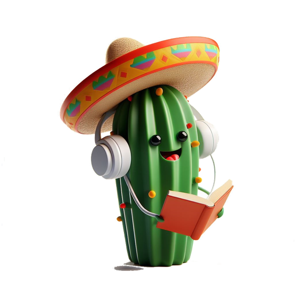 Cactus escuchando música, vestido de mejicano y divirtiéndose leyendo