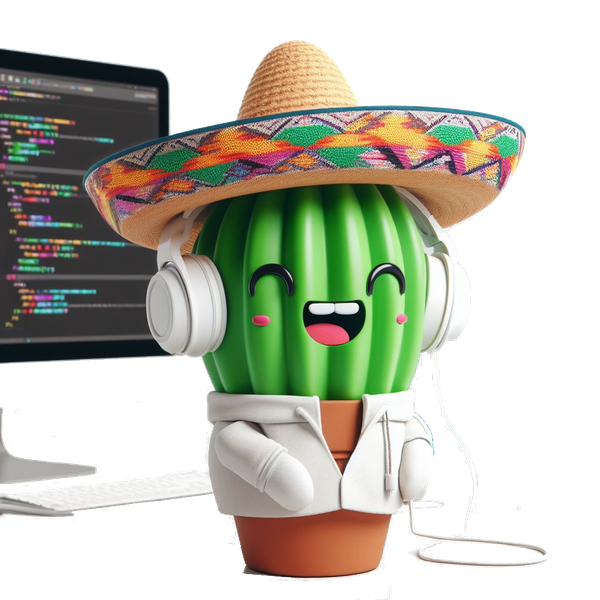 Cactus escuchando música, vestido de mejicano cob bata blanca y con un ordenador de fondo, programando sus pipelines