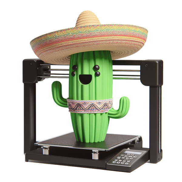 Cactus vestido de mejicano y divirtiéndose al ser impreso con una impresora 3D