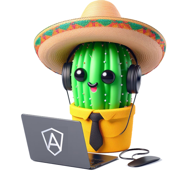Cactus escuchando música, vestido de mejicano y con un ordenador, programando en csharp